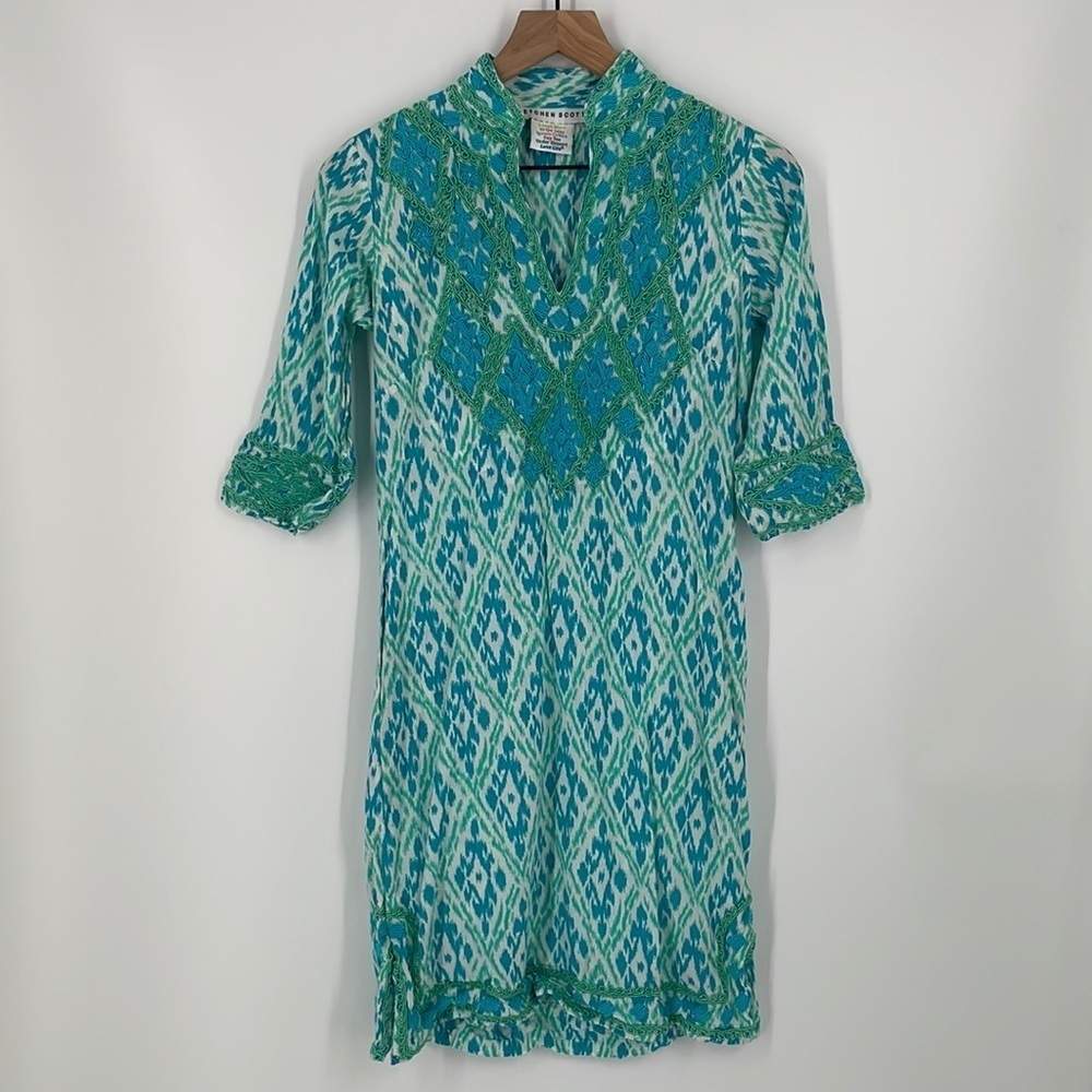 Gretchen Scott | 100% Cotton Trimmed Rope Detail V Neck Tunic Dress Shrimp XXS